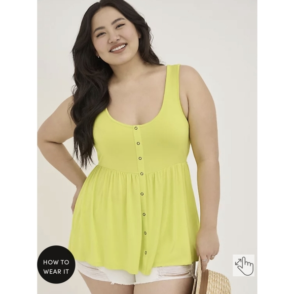 Torrid Button Front Babydoll Tank - Super Soft Yellow - Picture 1 of 4